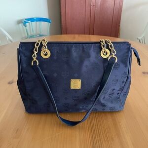 MCM Dark Blue Shoulder Bag with Gold Chains